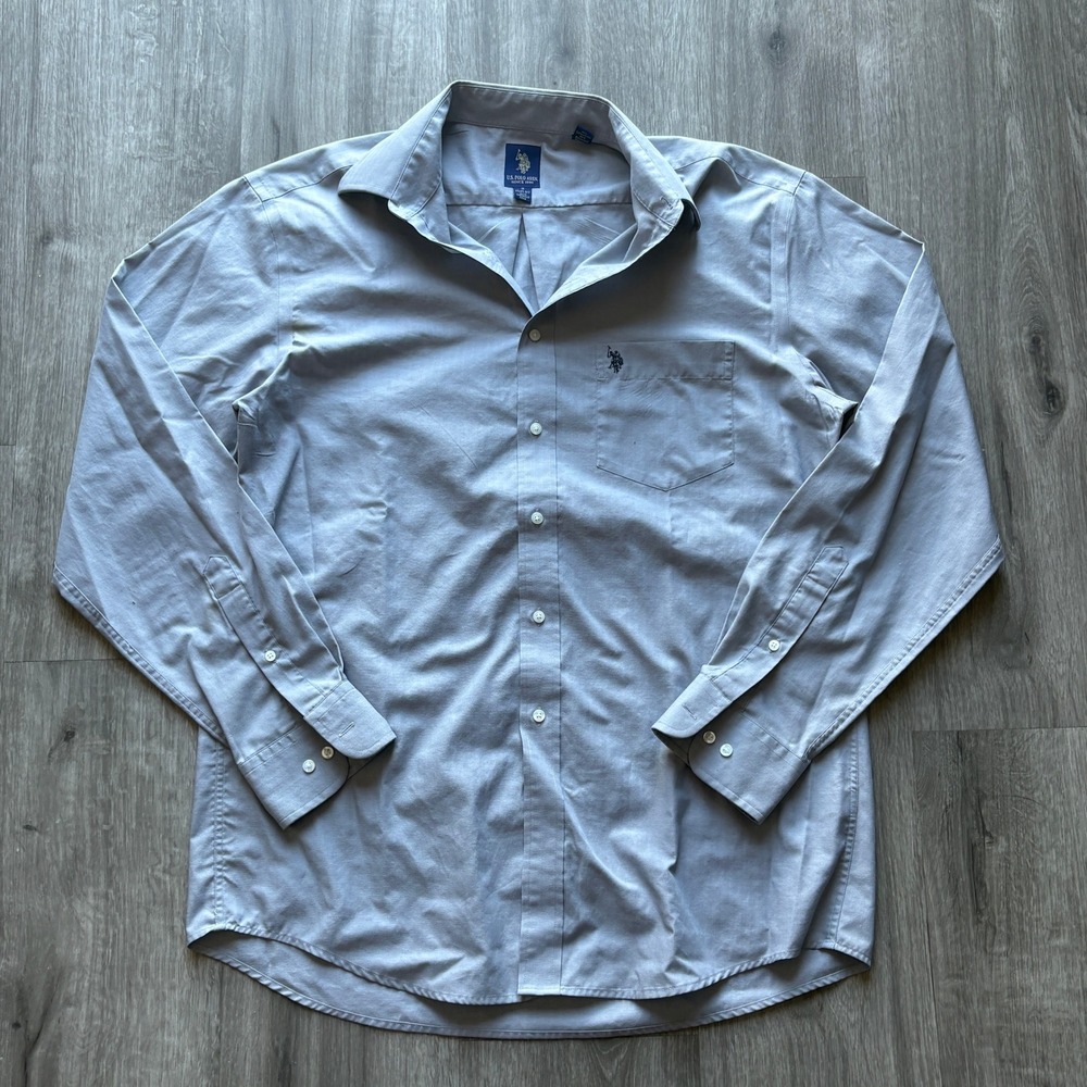 US Polo Assn Mens Dress Shirt M 15-15.5 34/35 Light Blue Herringbone